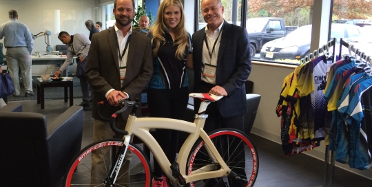 Miranda getting ready for the bike jersey raffle, with a little help.