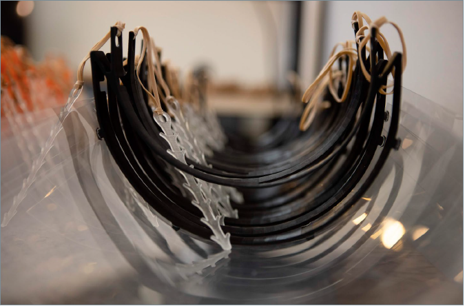 Finished face shields ready for distribution