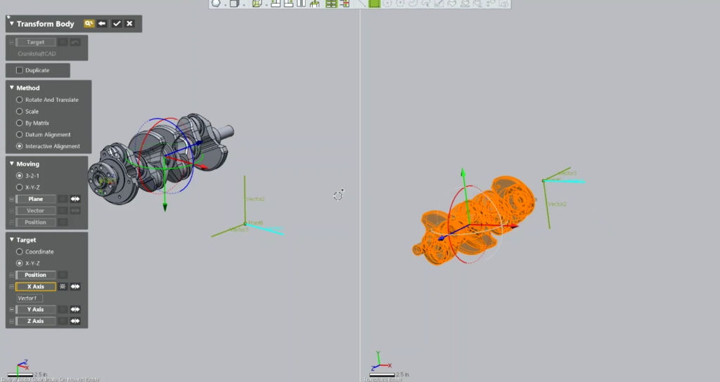 Left pane: Part shown in its original position and orientation.Right pane: Preview of how the part will be repositioned.