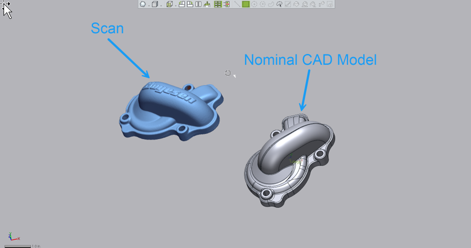 scan to cad model Performing a Datum Alignment using Control X Before the scan of a manufactured part can be inspected using Control X, it must first be aligned to its nominal CAD model. The nominal CAD model represents the ‘perfect’ shape. Once aligned, all of the Control X inspection functions, including Color maps, Whisker plots, 2D and 3D dimensions, Geometry Deviation, 2D Twist Analysis and more can all take place. Consider the water pump cover shown below, prior to alignment.